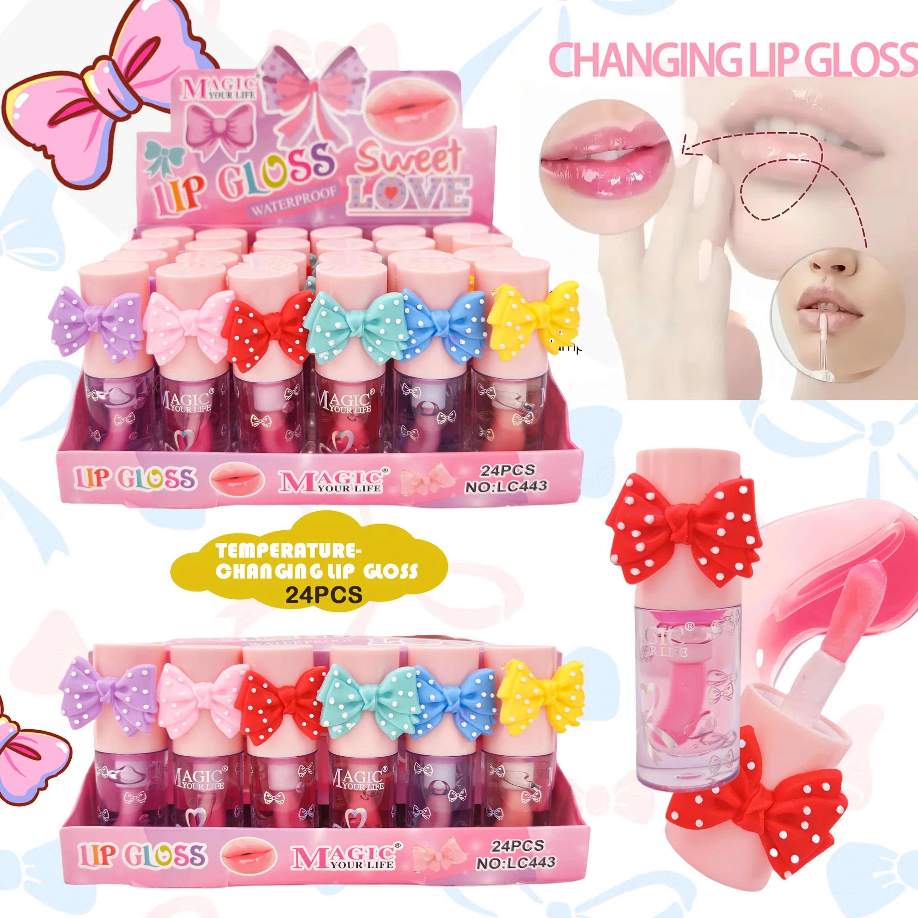 24pcs Cute Ice Cream Sequin Lip Gloss Colorchanged Lip Gloss Girls Kawaii Natural Moisturizing Lips Makeup Party Gifts