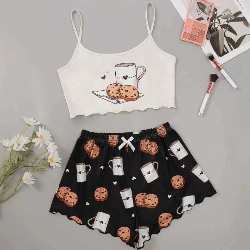 Summer Silk Satin Pyjama Pajamas for Women Sexy Sleepwear Sling Top Shorts Pajama Set Cartoon Pattern Printing 2-Piece Homewear