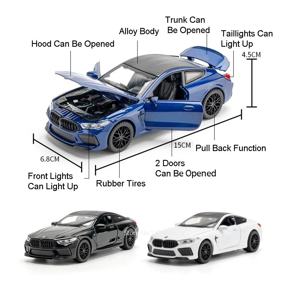 1:32 M4 M8 Miniature Car Alloy Diecast Model Toys 4 Doors Opened Rubber Tires Sound Light Pull Back Vehices Home Decor Ornaments