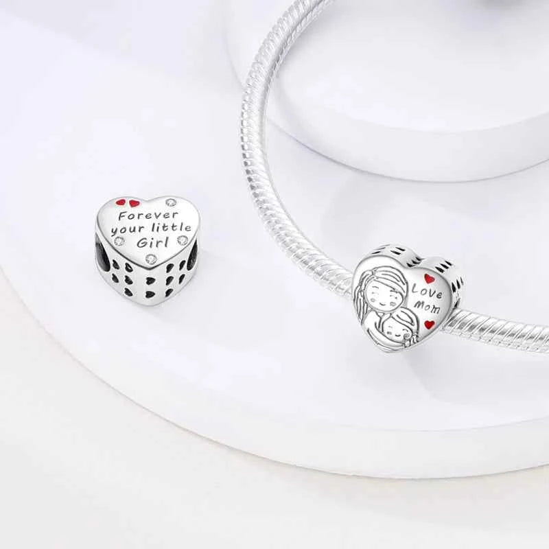 Original 925 Sterling Silver Charm Bead Mother's Day Love Heart Family Charm Bead Pendant Fits Bracelet Womens Jewelry Gifts