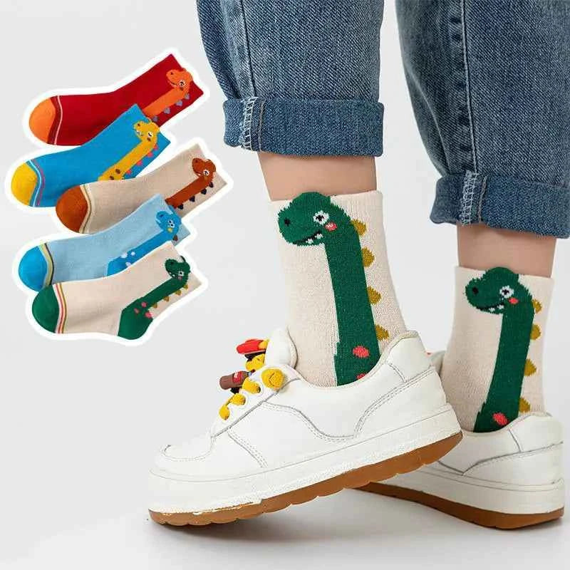 5 Pairs Kids Socks Cartoon Dinosaur Pattern Comfortable Children Socks For Boys And Girls