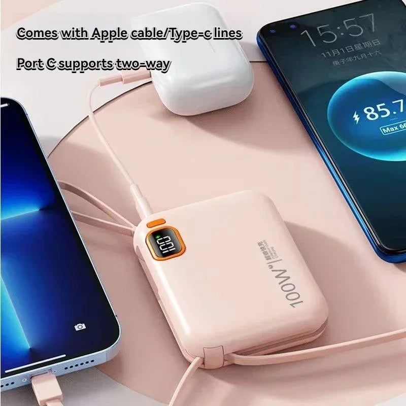 Portable 20000mAh Power Bank With Built-In Cables