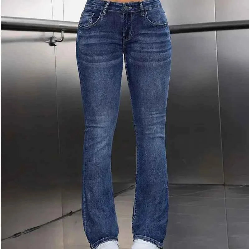 Y2k Jeans For Woman Blue Stretch Flare Denim Pants Vintage Retro Fashion Minimalist Elastic Waist Comfort Fit 2025 Trendy