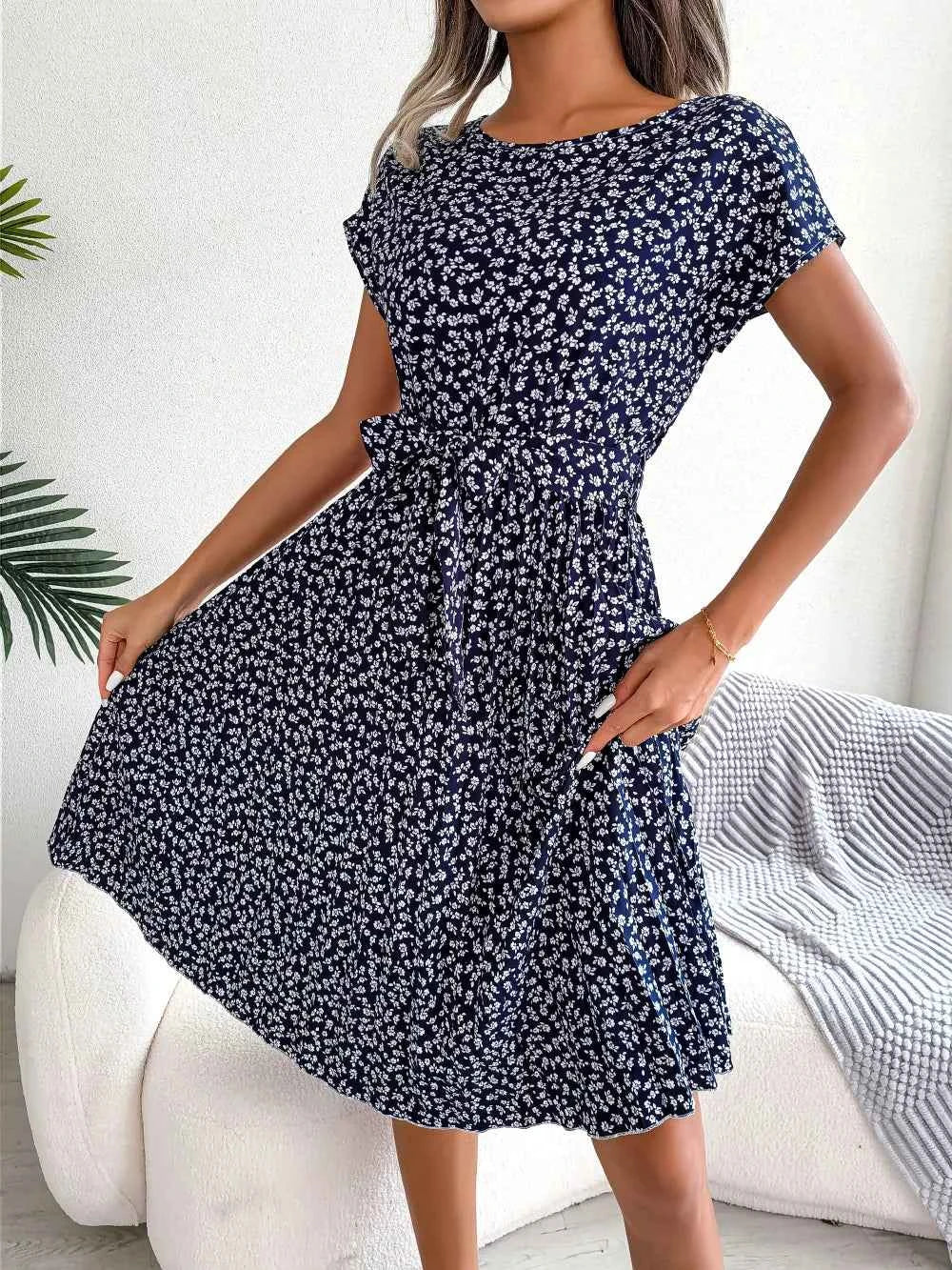 Ficusrong Fashion Floral Pleated A Line Long Dress Women Spring Summer Short Sleeve High Waist Chic Dress