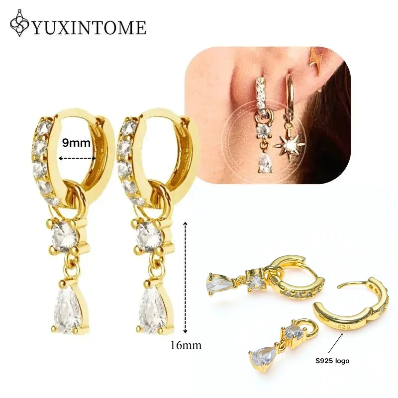 Women's 925 Sterling Silver Ear Needle Crystal Zircon Water Droplets Stud Hoop Gold Huggie Earrings Premium Luxury Party Jewelry