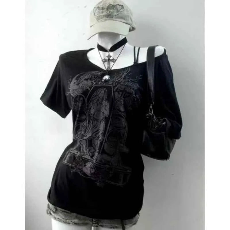 Vintage Gothic Prints Black T-Shirt Women Y2K Harajuku Fashion Punk Off-shoulder Sling Sexy Slim Summer Casual Trendy Top