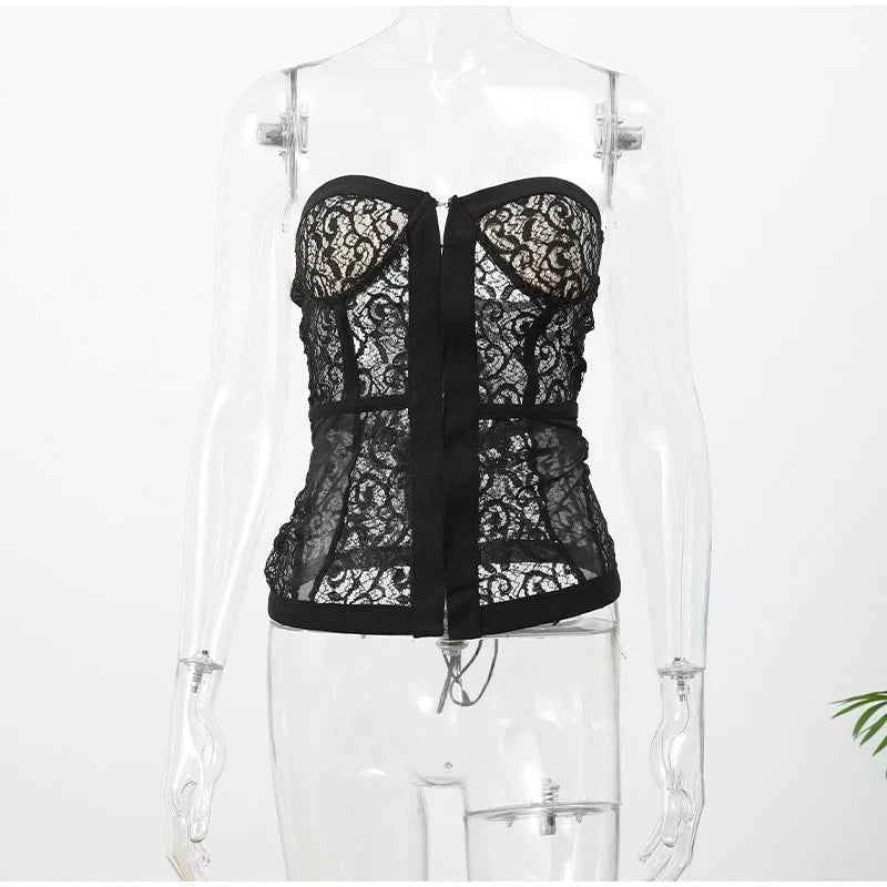 Sexy Women Black Lace Corset Vest Fashion See Through Hollow Out Strapless Top Chic Autumn 2025 New Party Lady High Street Vests
