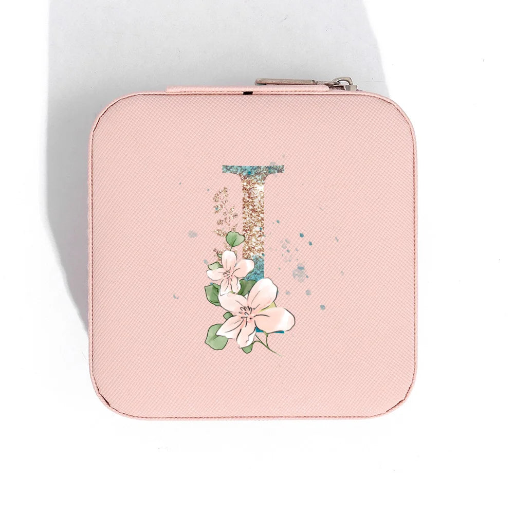 A-Z Alphabet Print Pink Travel Jewelry Organizer with Zipper Closure and Fabric Lining