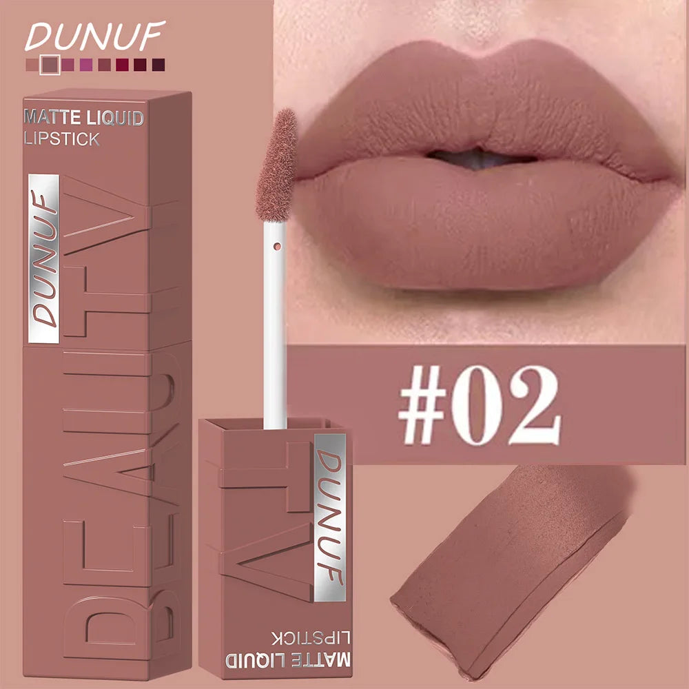 DUNUF  8-color matte velvet smooth easy-to-apply square tube lip gloss waterproof three-dimensional plumping lipstick