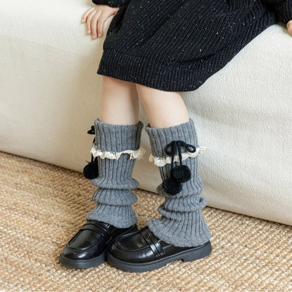 New Solid Color Leg Warmers Thickened Lolita Mid-Calf Sock Knitted Bow Pompom Hosiery Autumn and Winter