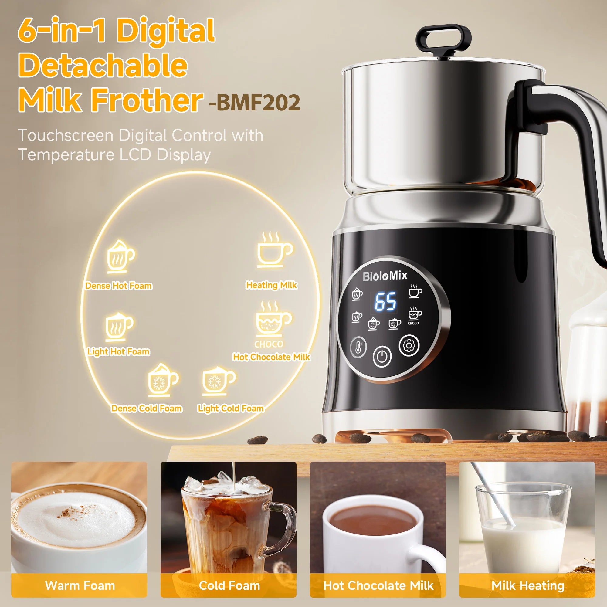 BioloMix 7-in-1 Steamer Detachab Electric Milk Frother Automatic Hot/Cold Foam Maker for Coffee, Hot Chocolate Dishwasher Safe