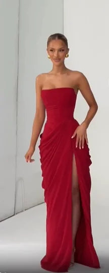 Women Sexy Solid Pleated Strapless Dress Lady Chic Off-shoulder Backless High Waist Split Dresses  Evening Party Gown 2026 New