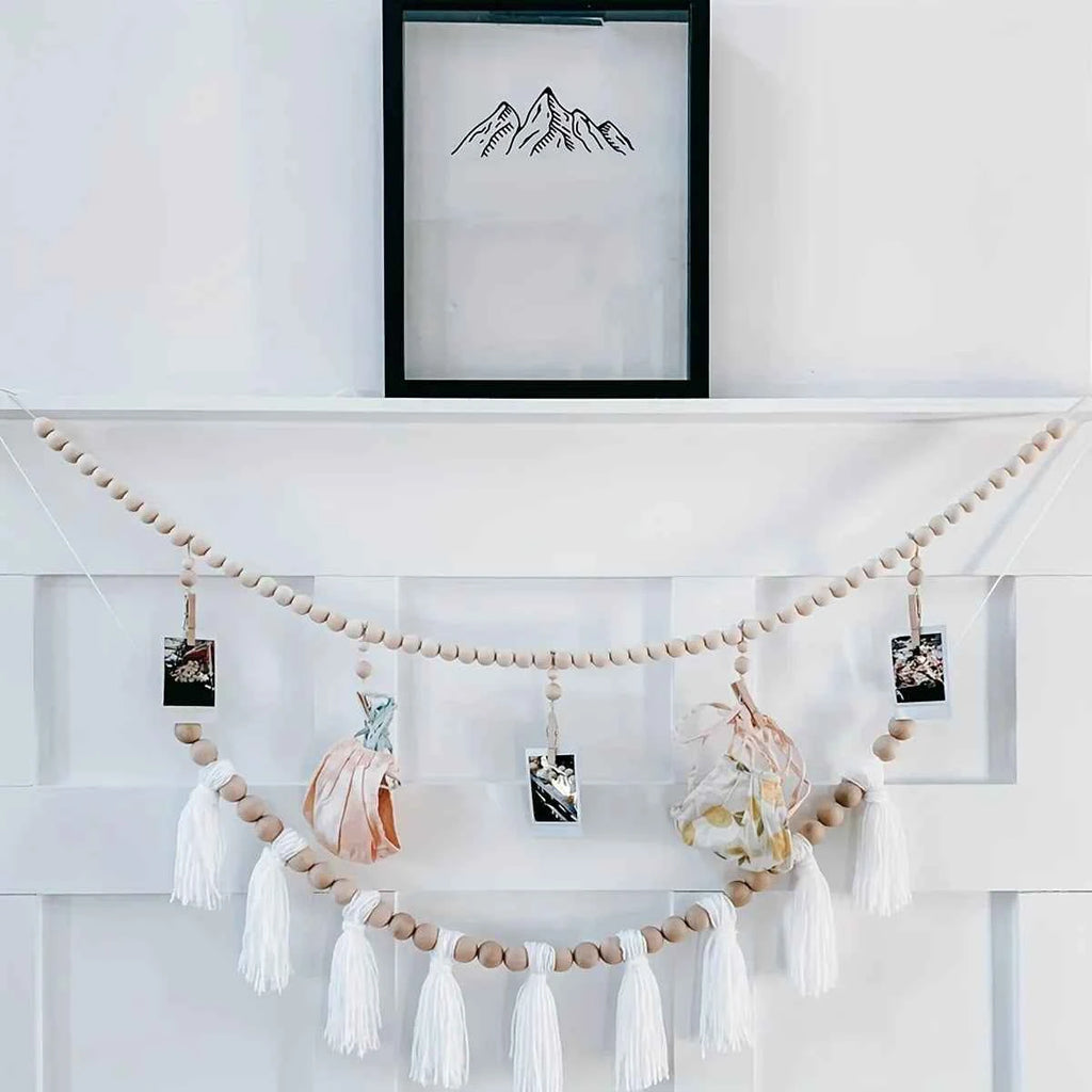 Boho Original Wood Hanging Photo Display Clip Wooden Bead Garland Wall Hanging Bedroom Living Room Dorm Party Home Decor Gifts