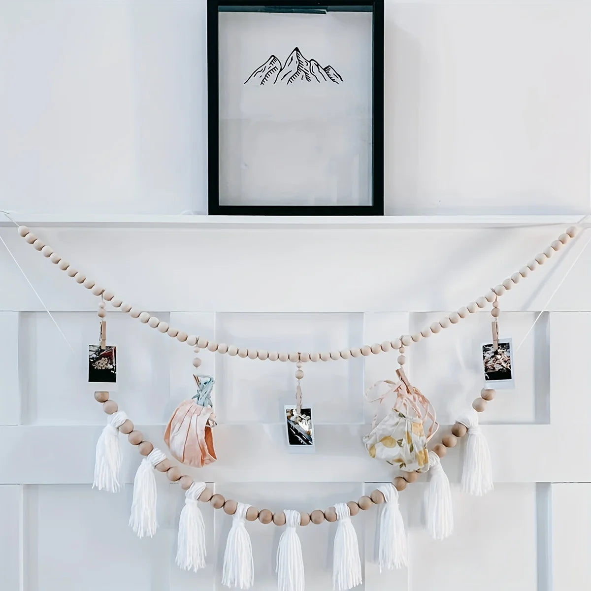 Boho Original Wood Hanging Photo Display Clip Wooden Bead Garland Wall Hanging Bedroom Living Room Dorm Party Home Decor Gifts