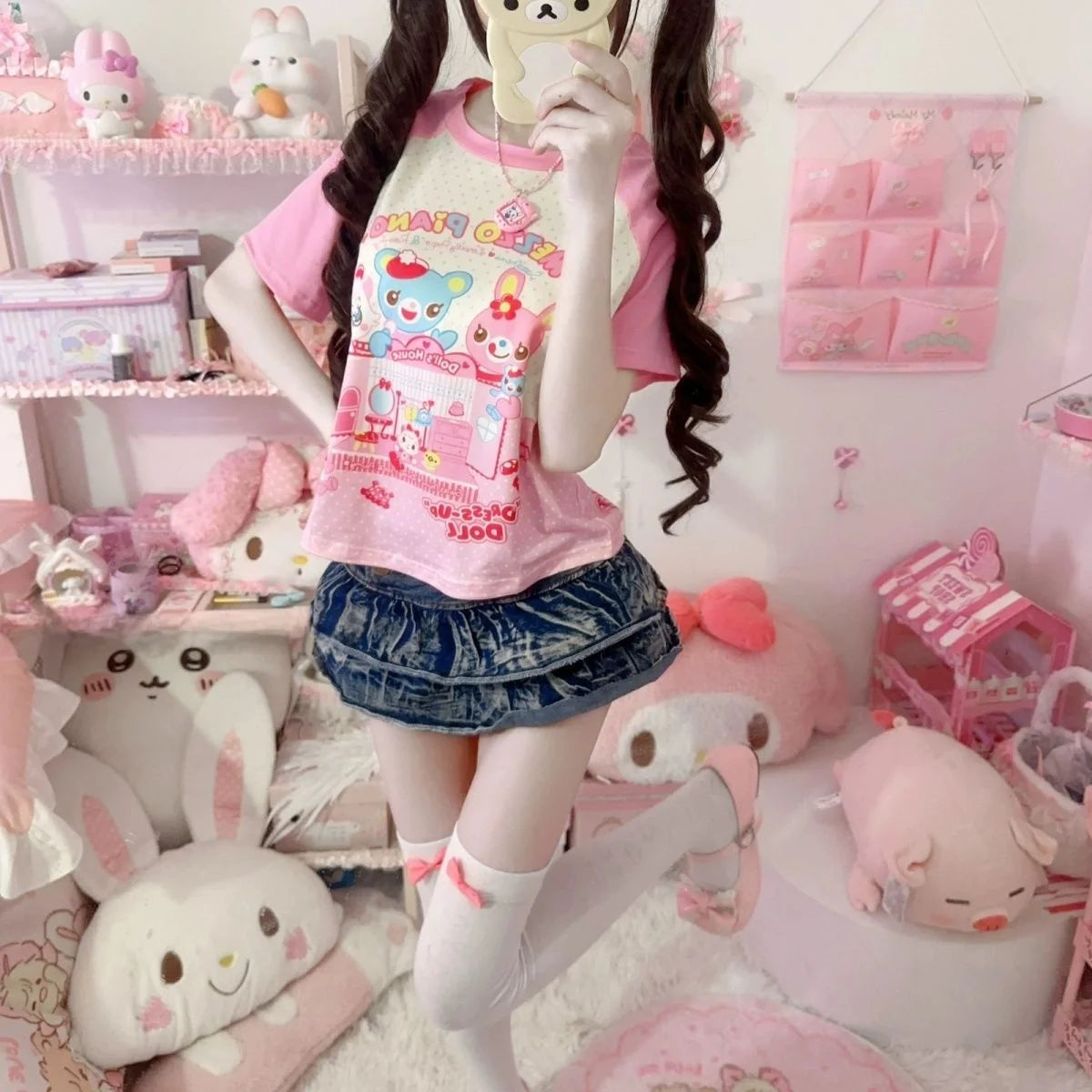 Cute Cartoon Short Sleeve T-Shirt for Girls Sweet Style Print Design Japanese Anime Fun Soft Material Straight Cut Fit