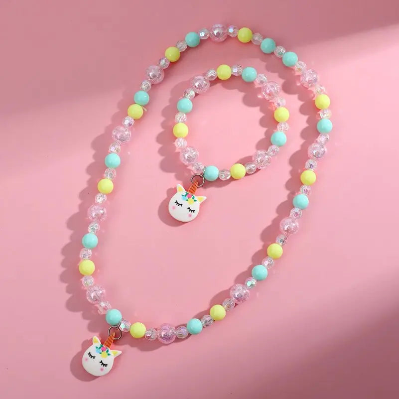 2pcs Colorful Cartoon Unicorn Flower Animal Child Sweater Necklace Bracelet Girl's Gifts Children's Jewelry Kids Toys