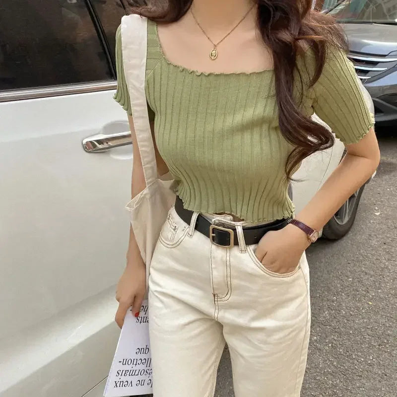 Off The Shoulder Top Women Knitted Sexy Short Sleeve Slim Fit T-Shirts Crop Top Y2k Top Summer Clothes Korean Casual Tees Female