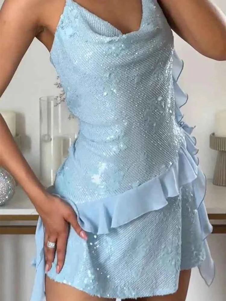 Glitter Flounce Mini Dress Woman Cinched Waist Sleeveless A-Line Halter Dresses Sexy Chic Women's Fashion Summer Short Dresses