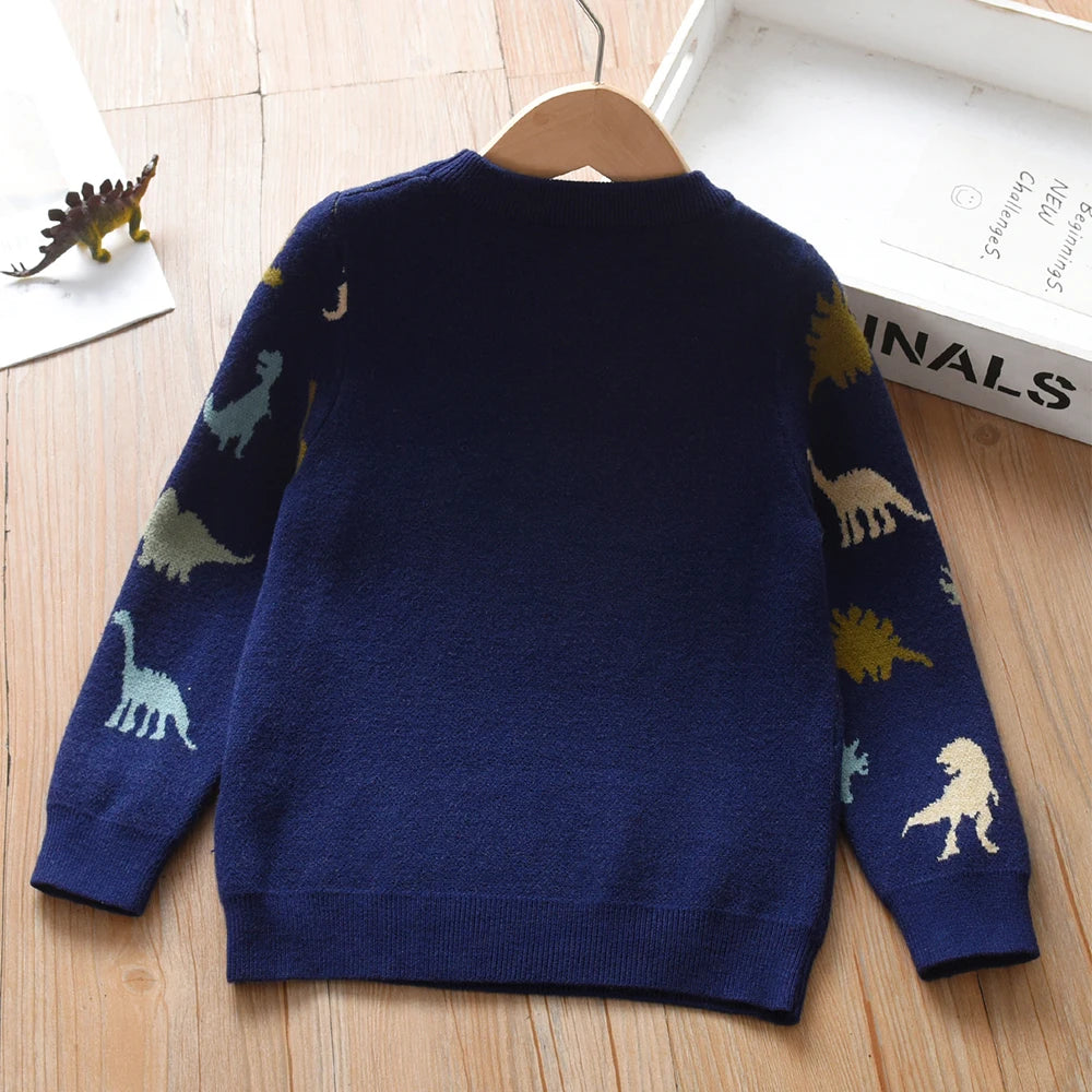 Boys' Navy Blue Dinosaur Printed Knitted Sweater 2-6Y Cute Pattern Pullover Toddler Autumn/Winter Top