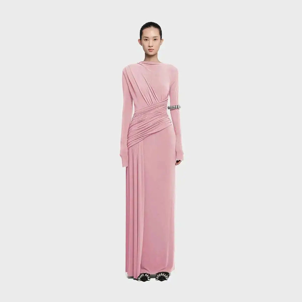 QMQA Fashion Women's Asymmetric Pleated Elegant Dress Solid Color Long Sleeve High Waist Slimming Party Dresses 2025 New QM519