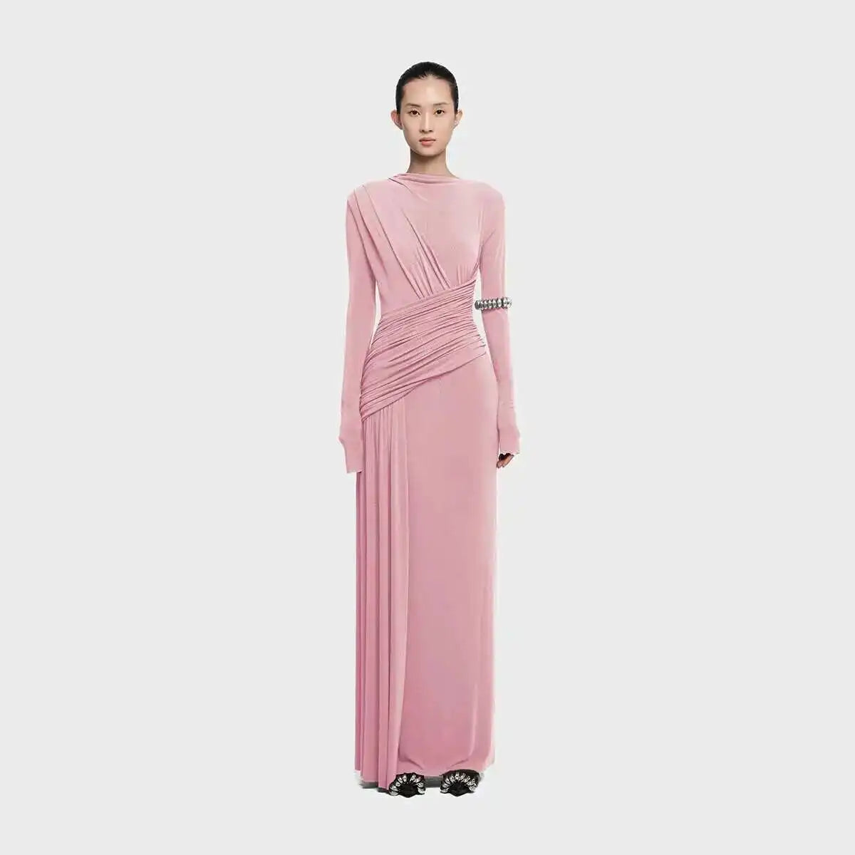 QMQA Fashion Women's Asymmetric Pleated Elegant Dress Solid Color Long Sleeve High Waist Slimming Party Dresses 2025 New QM519