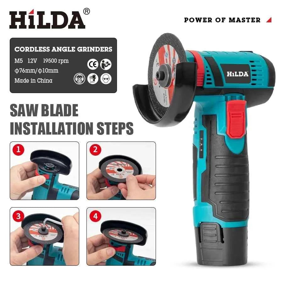 HILDA 3 inch 12V Miniature Rechargeable Angle Grinder with Battery Cutting Blade Polishing Grinder for Cutting Diamond Cordless