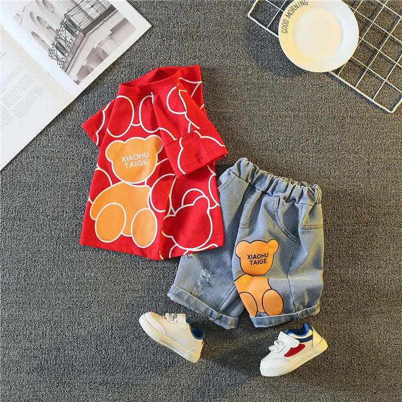 New Summer Baby Boys Clothing Set Cartoon Bear Short Sleeve T-Shirt Shorts 2Pcs Suit For 1-5 Years Kids Children Fashion Outfit