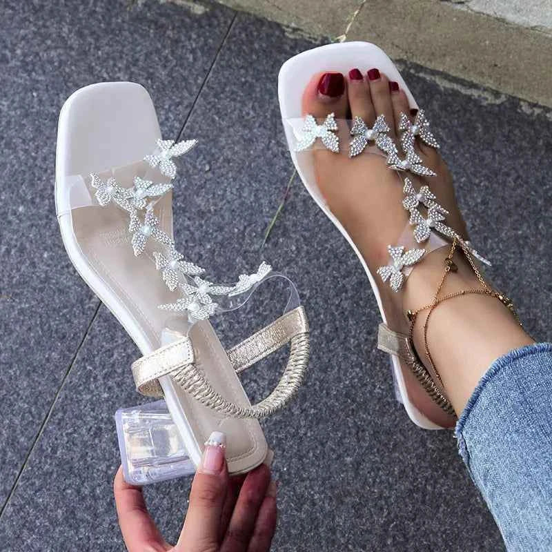 2024 Summer Rhinestone Butterfly Sandals, New Crystal and Fashion Transparent High Heels, Casual Street Women's Shoes