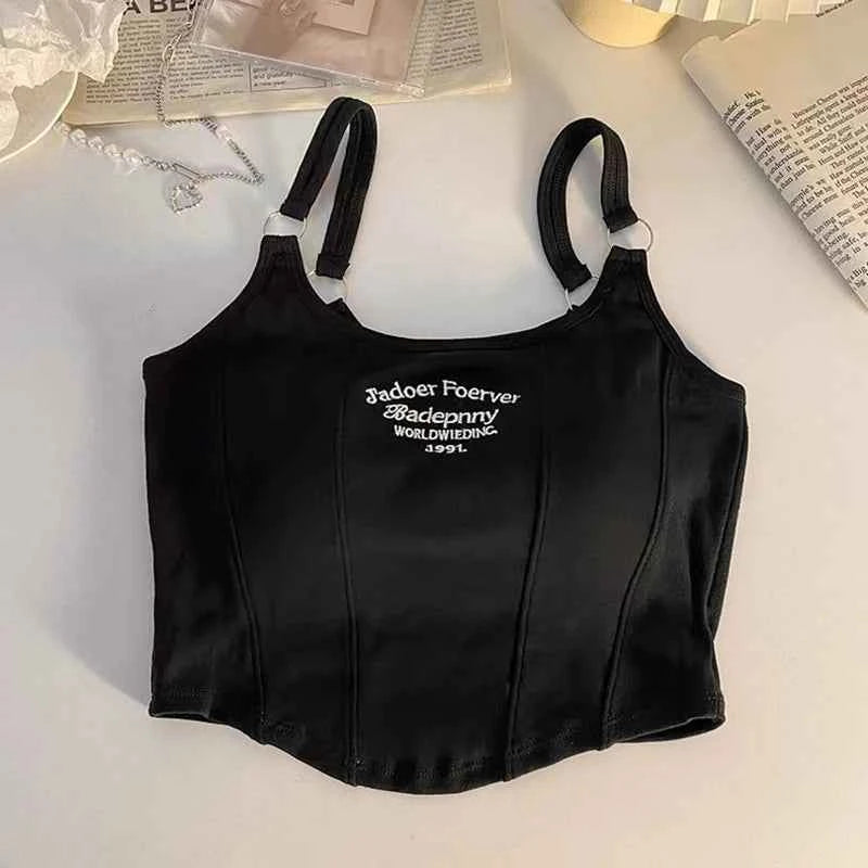 Women Crop Top Summer Y2K Lrregular Hem Slim Tank Tops Casual Sexy Female White Streetwear Letter Tank Tops With Pad Woman