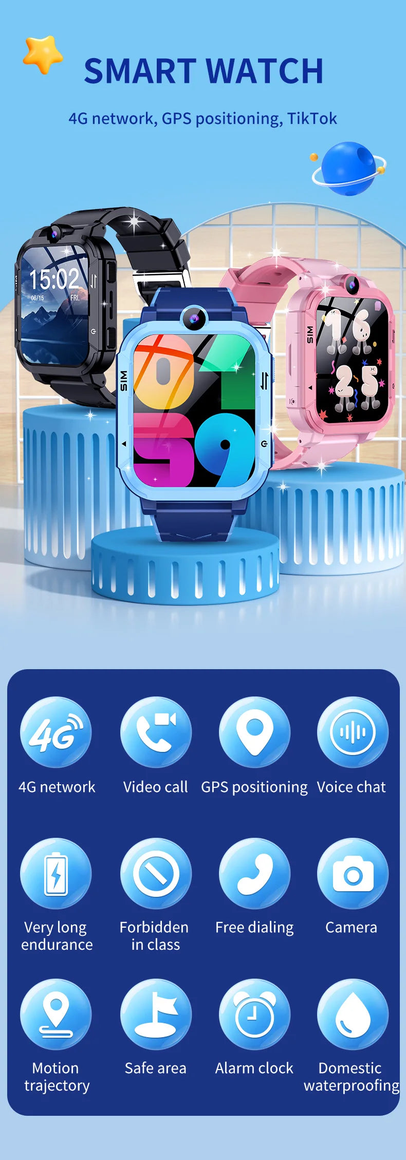 4G Kids Smart Watch 1+8GB GPS WiFi Tracker Location Video Call SOS Call Back Monitor Phone Watch Smartwatch Boys Girl Gifts