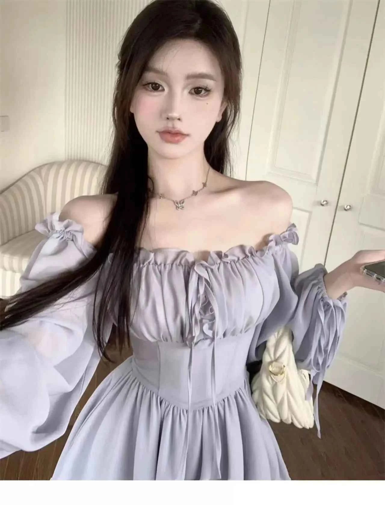 Dresses Women Solid Retro Long Sleeve Slash Neck Autumn Gentle Korean Style Streetwear All-match Lovely Comfortable Stylish Chic
