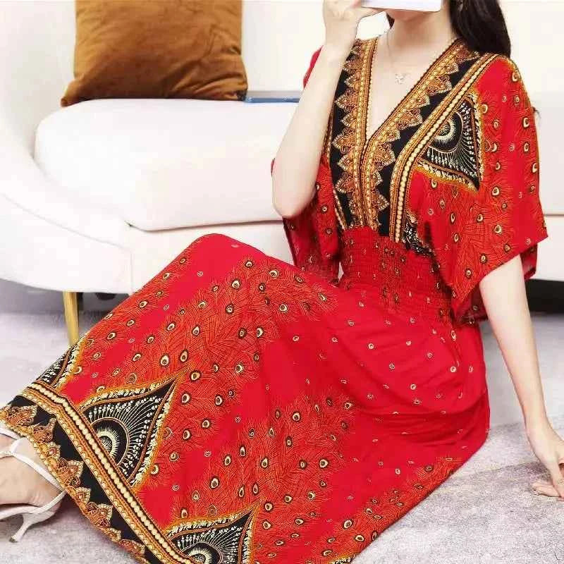 Colorful Flower V-neck Elastic Youthful Bohemian Sweet Midi Dress Woman Clothes Chic Fashion Summer Dresses 2025 Large Swing Ski