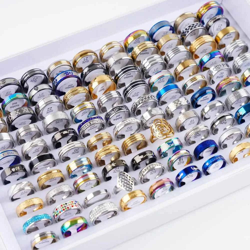 10/20 Pcs/Lot Fashion Multi Style Stainless Steel Jewelry Rings Zircon Crystal Spinner 5 Colors Punk Spikes For Womens Mens Gift