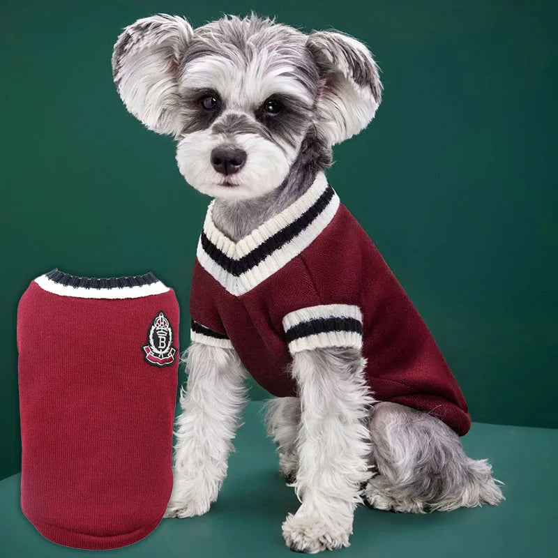 red Color V-Neck Knit Dog Sweater Vest College Style For Autumn