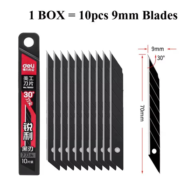 Deli Heavy Duty Utility Knife Sharp Black SK5 Carbon Steel Blades 9mm/18mm/Auto-Retractable Box Cutter for Cardboard Cartons