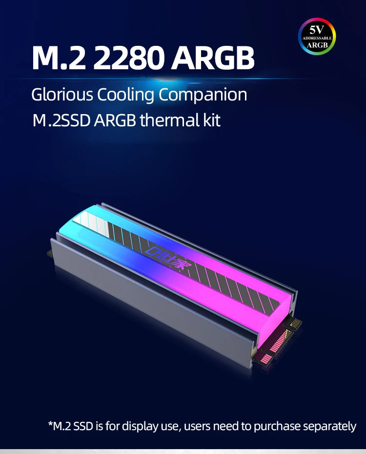TEUCER M.2 NVME SSD Heatsink 5V 3Pin ARGB Colored Lights 2280 Solid State Drive Cooler
