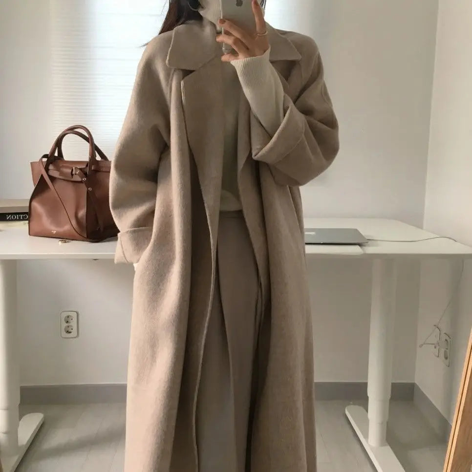 Chic Thick Warm Lapel Lace-up Pockets Loose Woolen Coat 2025 Autumn Winter New Korean Female Long Oversize Casual Women Clothes