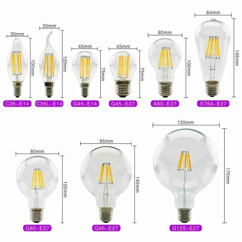 LED Retro Edison Bulb E14 E27 AC 220V 2W 4W 6W 8W Vintage Glass Lamp C35 G45 A60 ST64 G80 G95 G125 Led Filament Light Home Decor