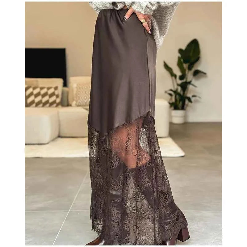 Sexy Lace Patchwork Long Skirt Women Elegant Fashion Solid Waist Cinched Mid-length Bottom Lady 2025 Party Daily Street Skirts