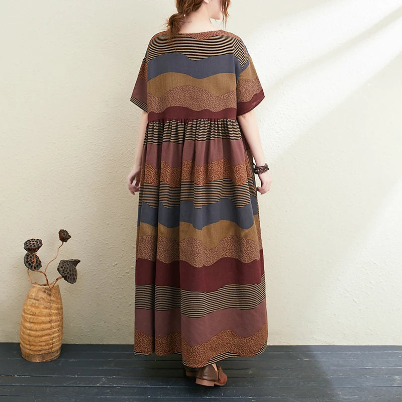 2026 New Summer Cotton Linen Short Sleeve Vintage Striped Print Dresses For Women Long Fashion Dress Elegant Vestidos Robe Femme