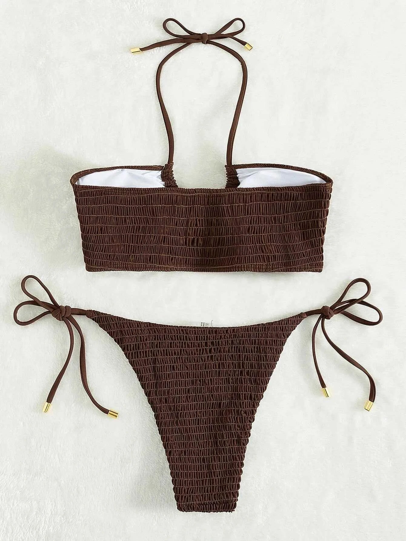 Sexy Triangle Bikini 2024 Women Red Black Ribbed Push Up Micro Swimsuit Cut Out Metal Designer Bathing Suit Knot Thong Swimwear
