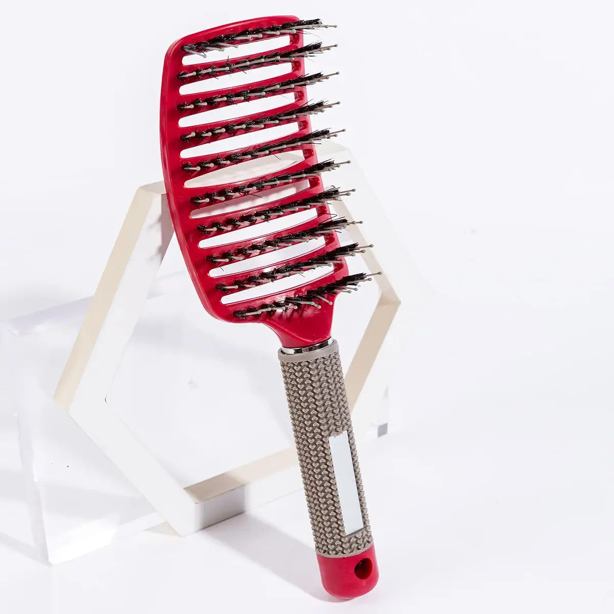 Red Color Detangling Scalp Massage Hair Brush With Boar Bristles