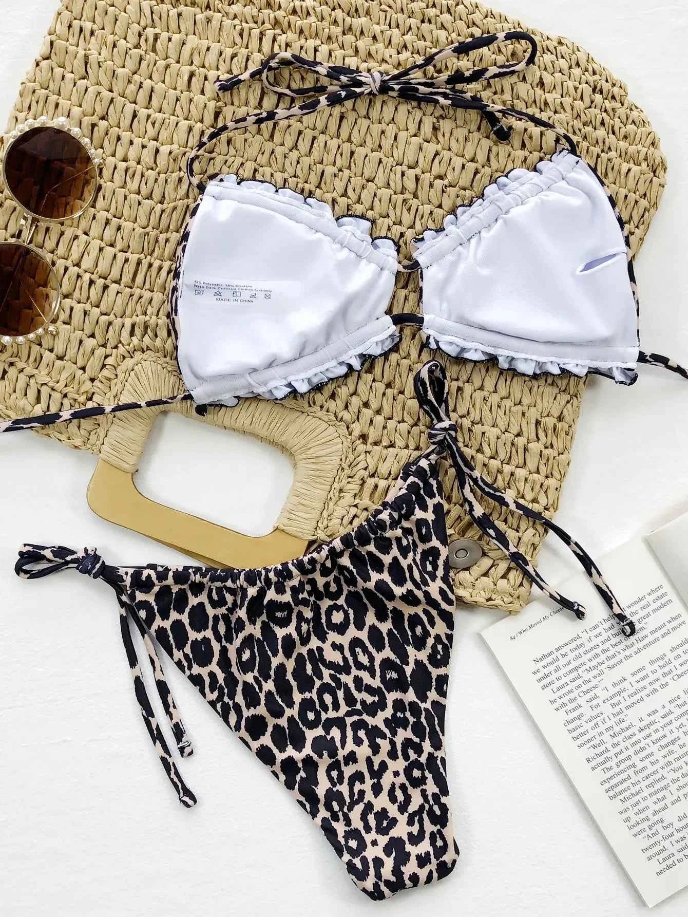 Women's 2 Pieces Swimsuit Sexy Halter Backless Swimwear Ruffle Trim Bikini Set High Waist Push Up Thong Bathing Suit Beachwear