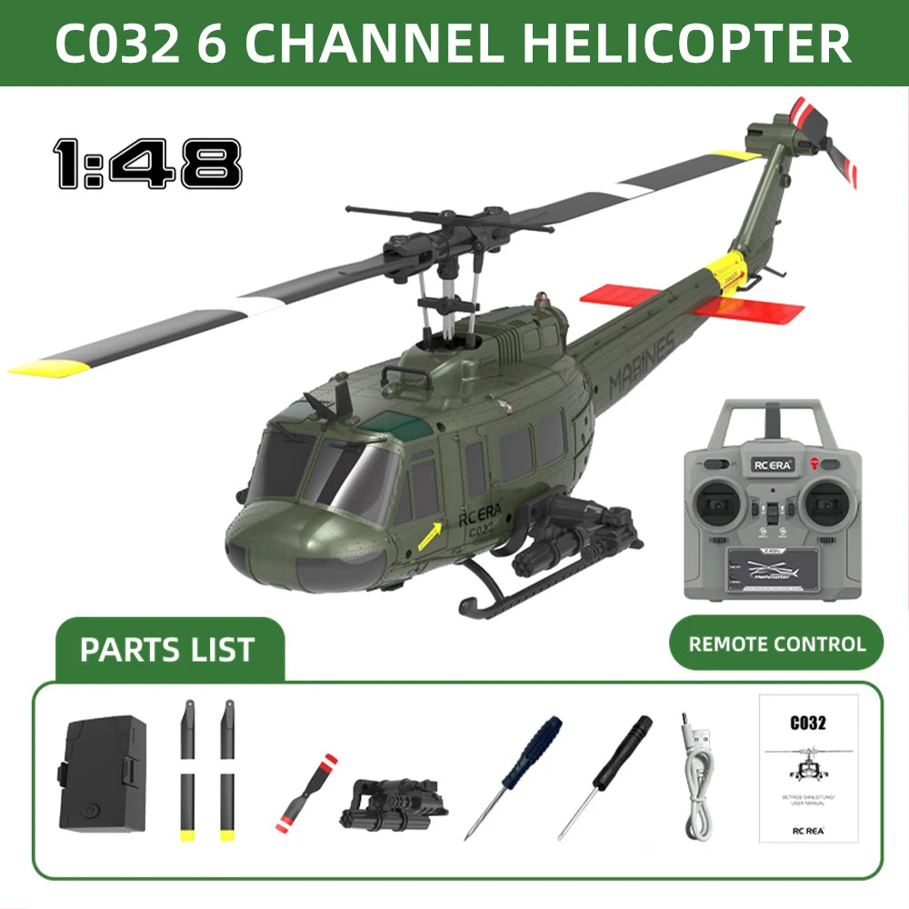 RC ERA RC Helicopter C032 1:48 Scale Huey Helicopter UH-1 6-axis Gyro 6 Channel 3D Brushless Motor Remote Control Aircraft