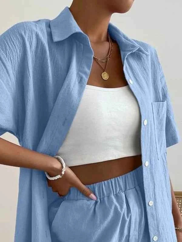 Women's Cotton Suit  Short Sleeve Casual Elegant Green Soild Two Piece Set Women Outfit Suit Shorts and Shirt for Women