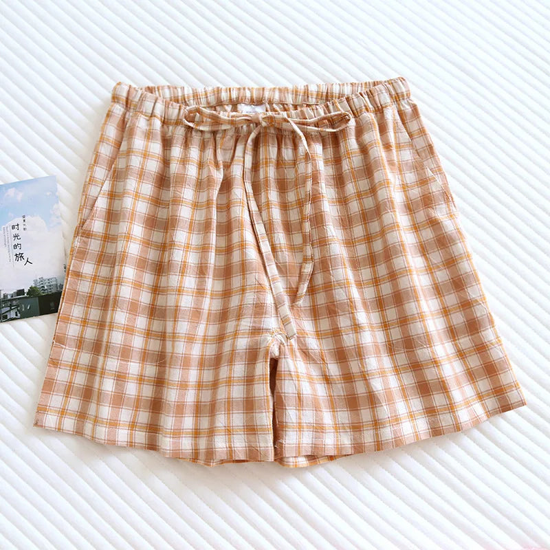 Summer Thin Loose Fit Women's Home Shorts Cotton Plaid Design Multi Colors Sleepwear Beach and Casual Wear Short Pants