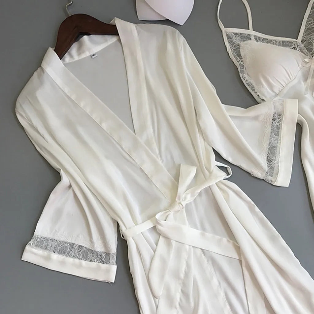 2pcs Women Pajamas Suit Silky Satin Nightgown Nightdress Set Lace Patchwork Lace-Up Women Bathrobe Sleepwear Set
