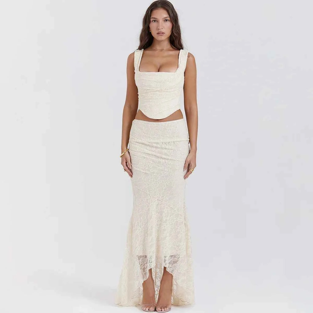 Suninheart Elegant Women 2 Piece Dress Set 2023 Maxi Wedding Guest Dress Lace Up Crop Top and Maxi Skirt Set Formal Event Dress