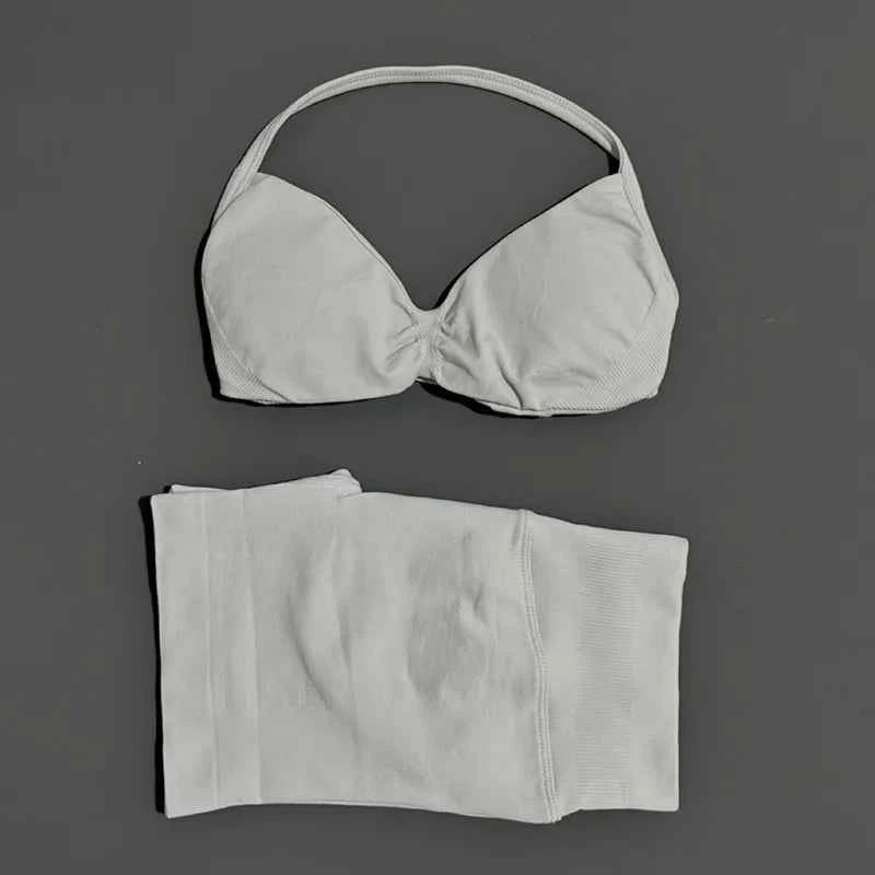 HISTELLO Gym Set 2 Piece Women Strappy Yoga Bra Top Workout Scrunch Shorts Sports Suit Fitness Clothes Seamless Yoga Set