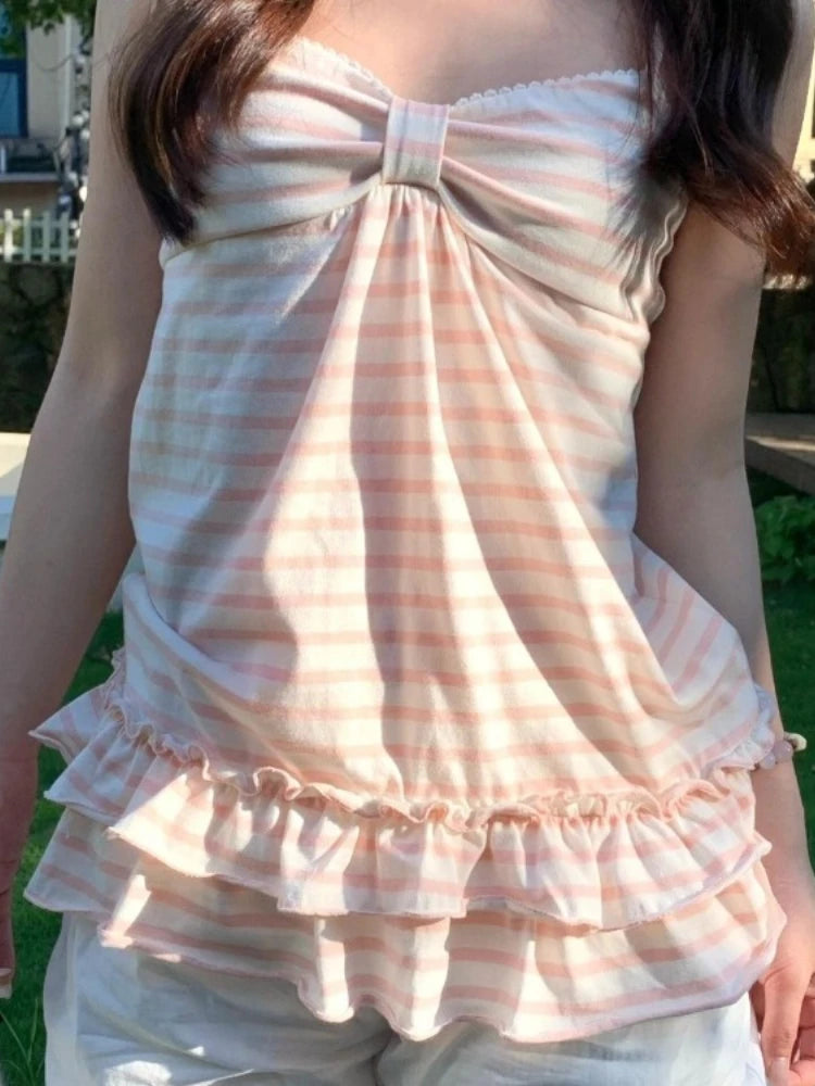 Japanese Sweet Vest Women Clothing Vintage Striped Sleeveless Tees Fashion Summer Camis Ruffles Slim Fit Vintage Tank Ropa Mujer